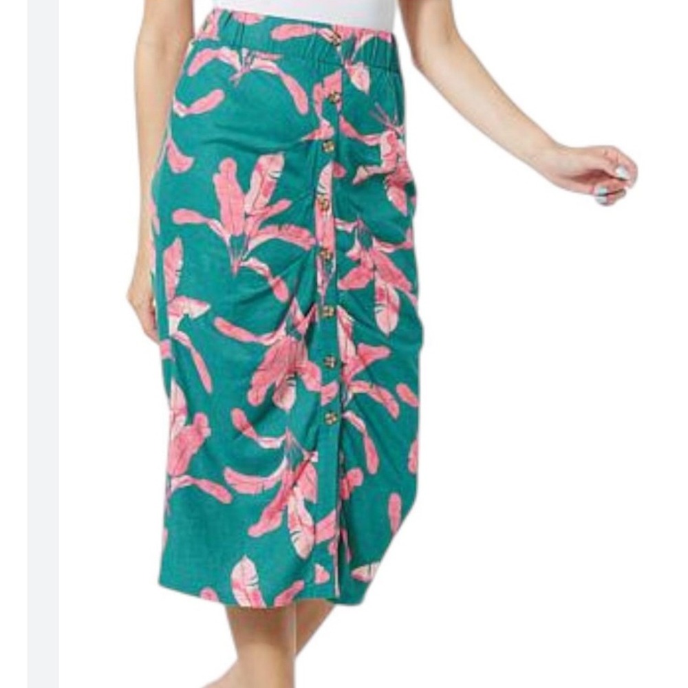 Colleen Lopez XS Skirt‎ Green Pink Leaf Print Button Front Midi Ruched
